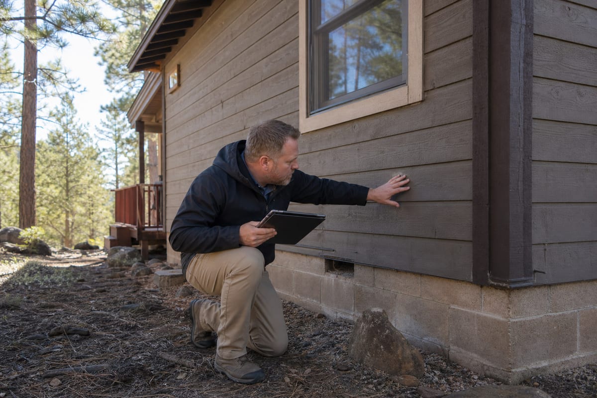 A home inspector examines the exterior siding of a mountain home.